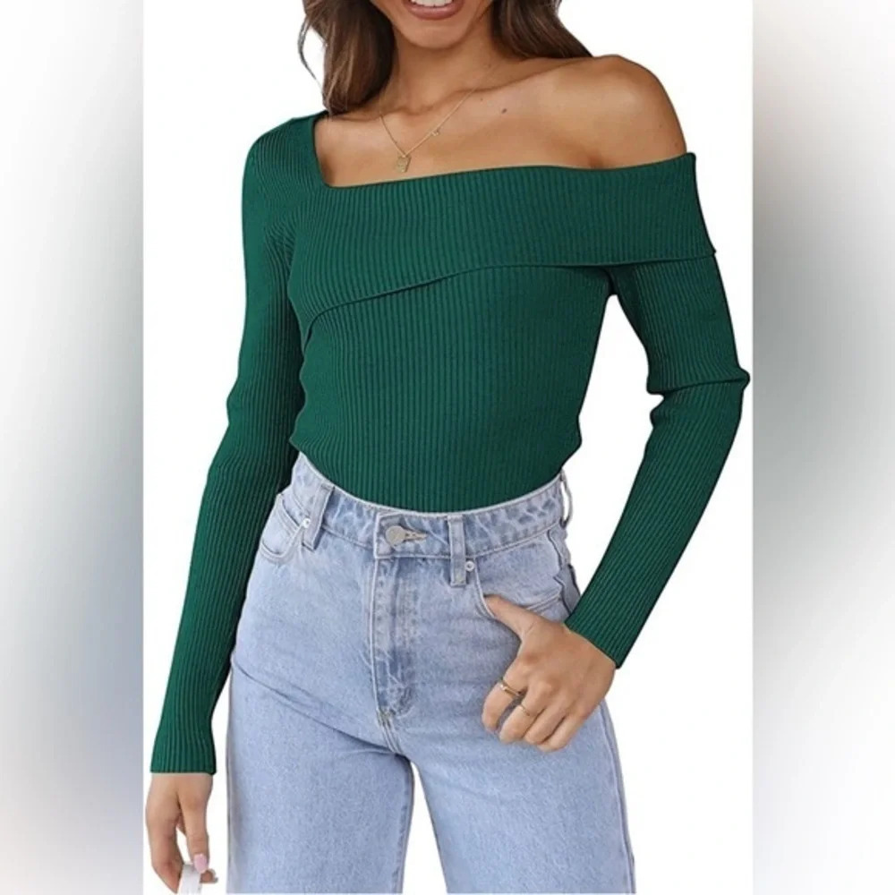 LILLUSORY Womens Rib Knit Sweaters One Shoulder Pullover Top Sweater Green Sz S